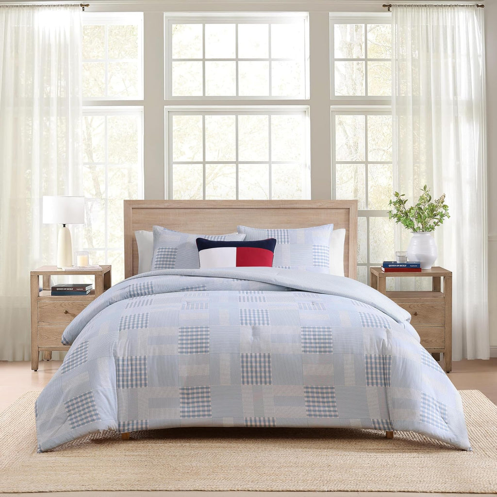 Tommy Hilfiger - Full/Queen Comforter Set, Cotton Textured Bedding with Matching Shams, Medium Weight Bed Set, Oeko-TEX Certified (Hamptons Patchwork Blue)
