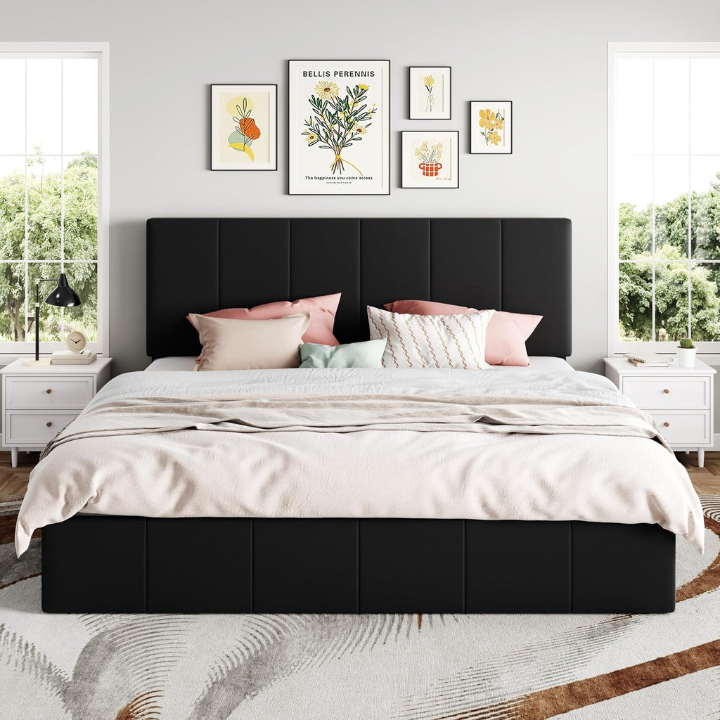 SHA CERLIN King Size Lift Up Storage Bed Frame, Adjustable Headboard, Hydraulic Support, Velvet Upholstered, Easy Installation, No Box Spring Needed, Black