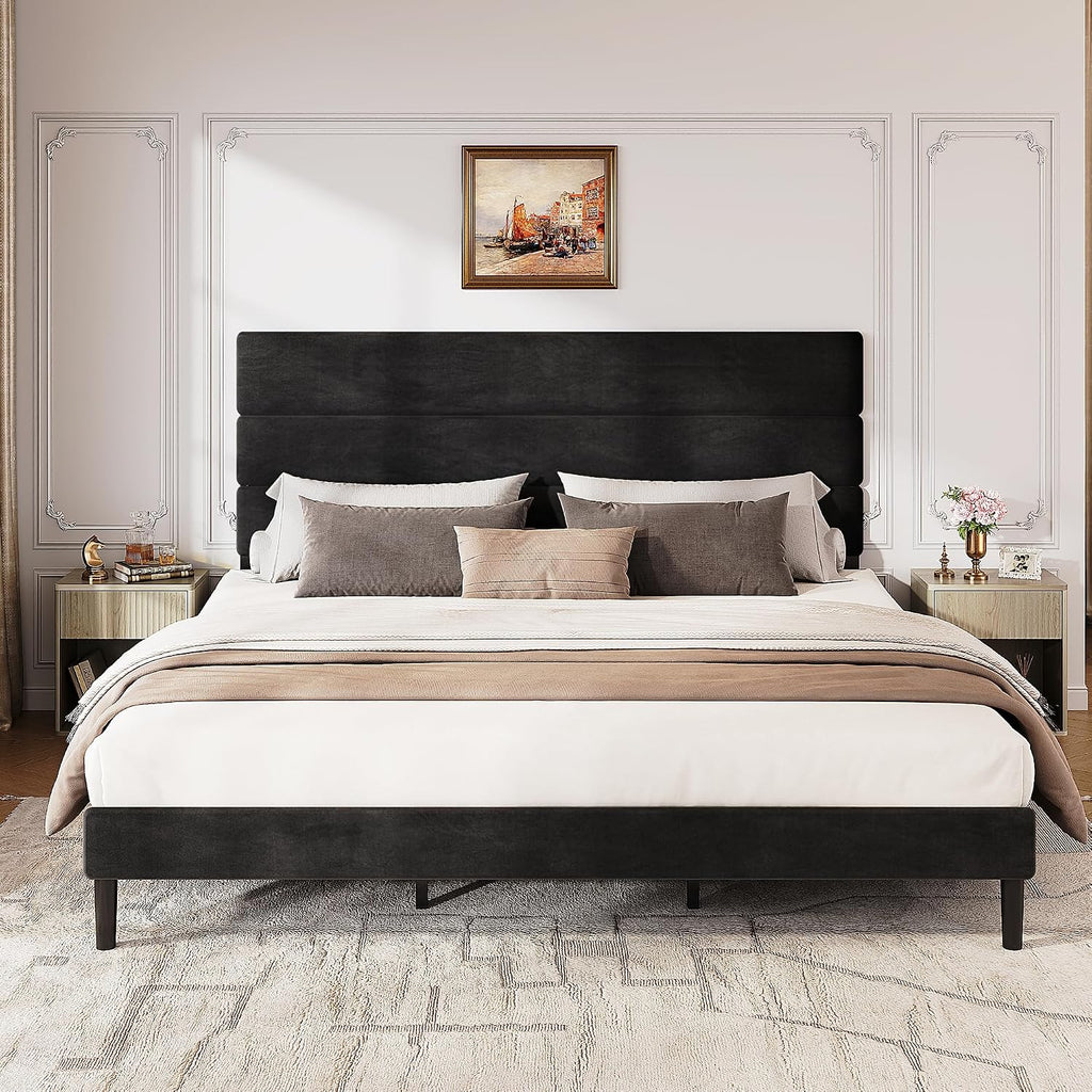 WLIVE Upholstered Bed Frame, King Size Bed Frame with Headboard, Platform Bed with Wood Slats, 1500LBS Mattress Foundation, No Box Spring Needed, Easy Assembly, Velvet Black