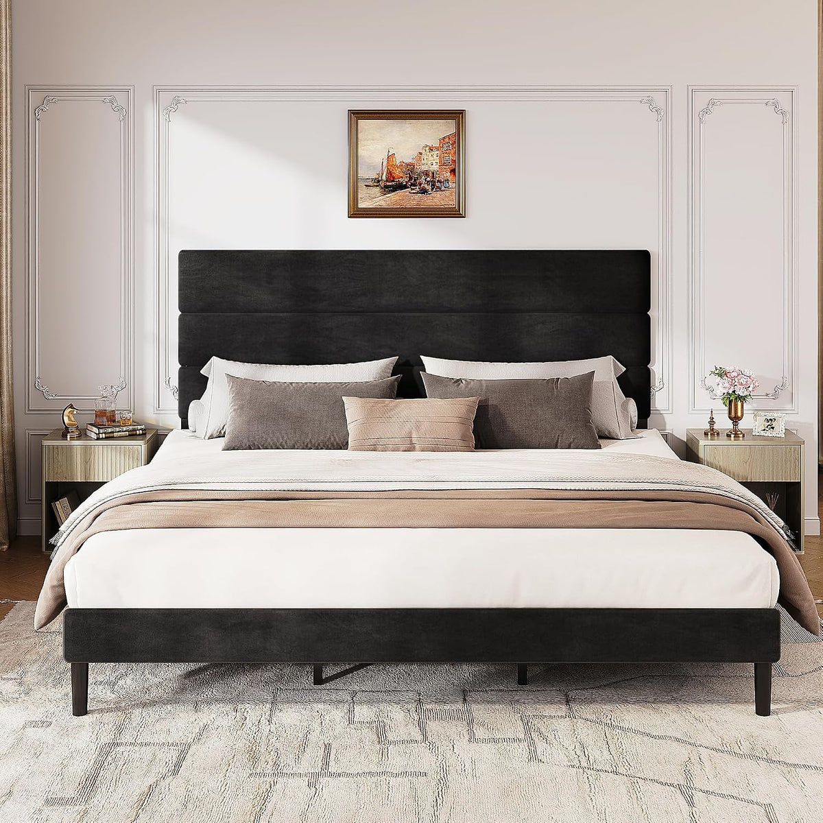 WLIVE Upholstered Bed Frame, King Size Bed Frame with Headboard, Platform Bed with Wood Slats, 1500LBS Mattress Foundation, No Box Spring Needed, Easy Assembly, Velvet Black