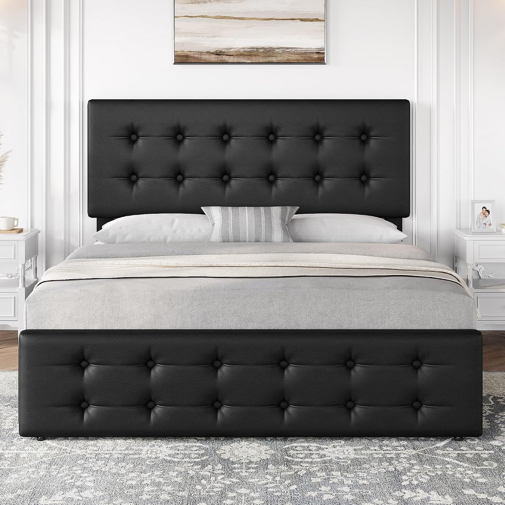 GarveeHome Full Size Bed Frame with 4 Storage Drawers and Headboard, Faux Leather Upholstered Platform Bed Frame with Wooden Slats Support, Button Tufted Design, No Box Spring Needed, Black