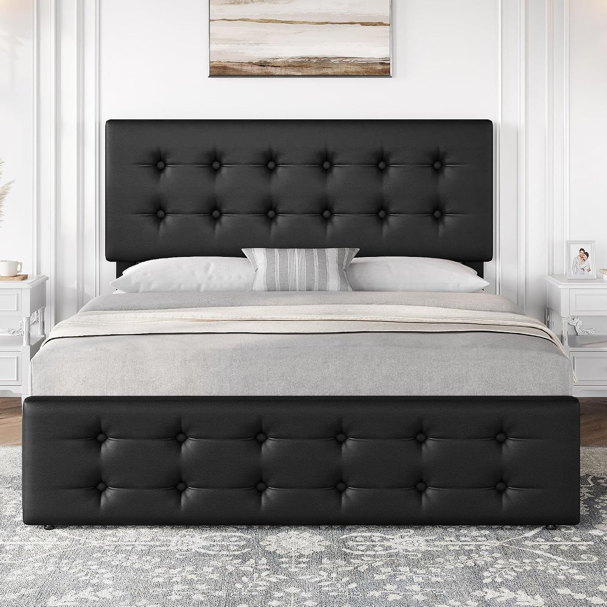 GarveeHome Full Size Bed Frame with 4 Storage Drawers and Headboard, Faux Leather Upholstered Platform Bed Frame with Wooden Slats Support, Button Tufted Design, No Box Spring Needed, Black
