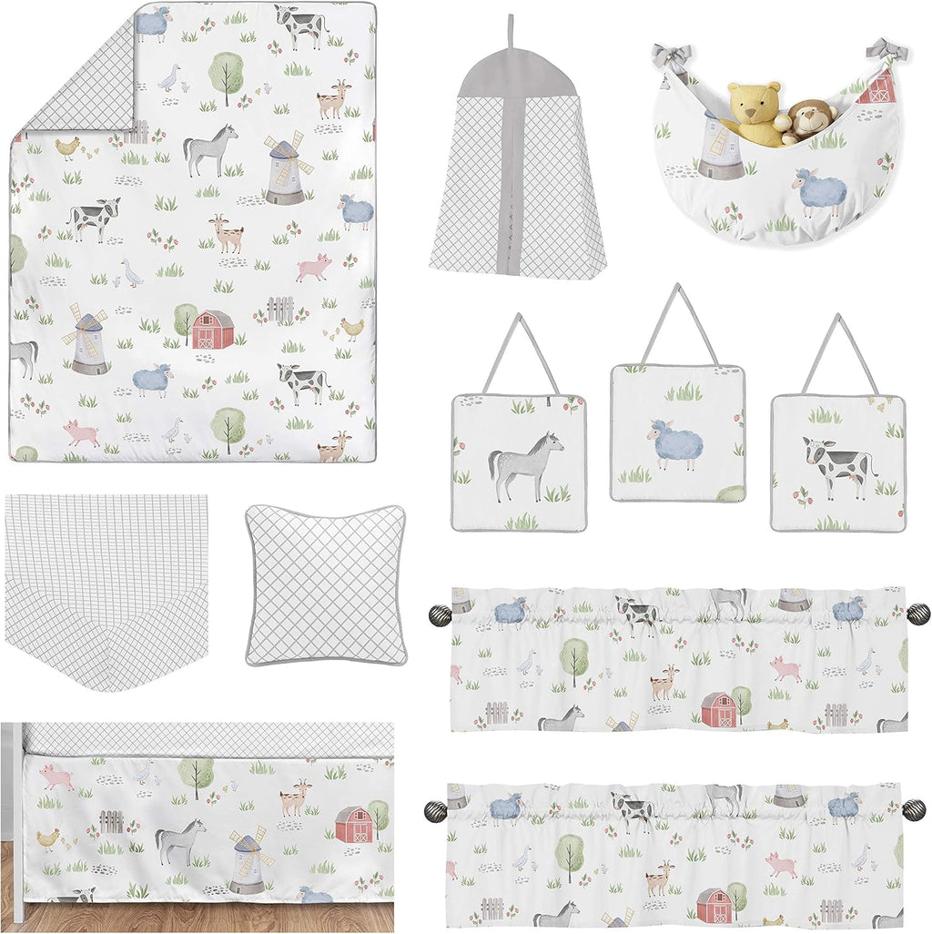Sweet Jojo Designs Farm Animals Baby Boy or Girl Nursery Crib Bedding Set - 11 Pieces - Watercolor Farmhouse Lattice Horse Cow Sheep Pig