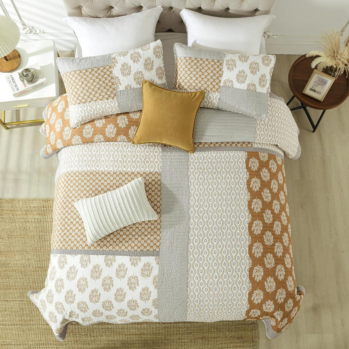 Finlonte Quilts Queen Size, 100% Cotton Queen Comforter Set, Brown Grey Farmhouse Quilted Bedspread, Patchwork Lightweight Reversible Quilt Bedding Set for Queen Bed, 3-Pieces