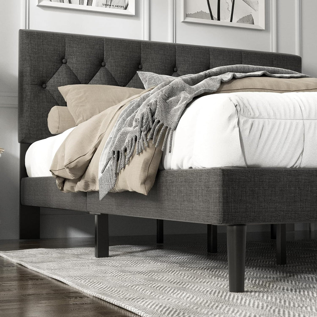 HAOARA King Size Platform Bed Frame with Upholstered Button Tufted Headboard, Mattress Foundation with Wooden Slat Support, Noise Free, No Box Spring Needed, Easy Assembly, Dark Grey