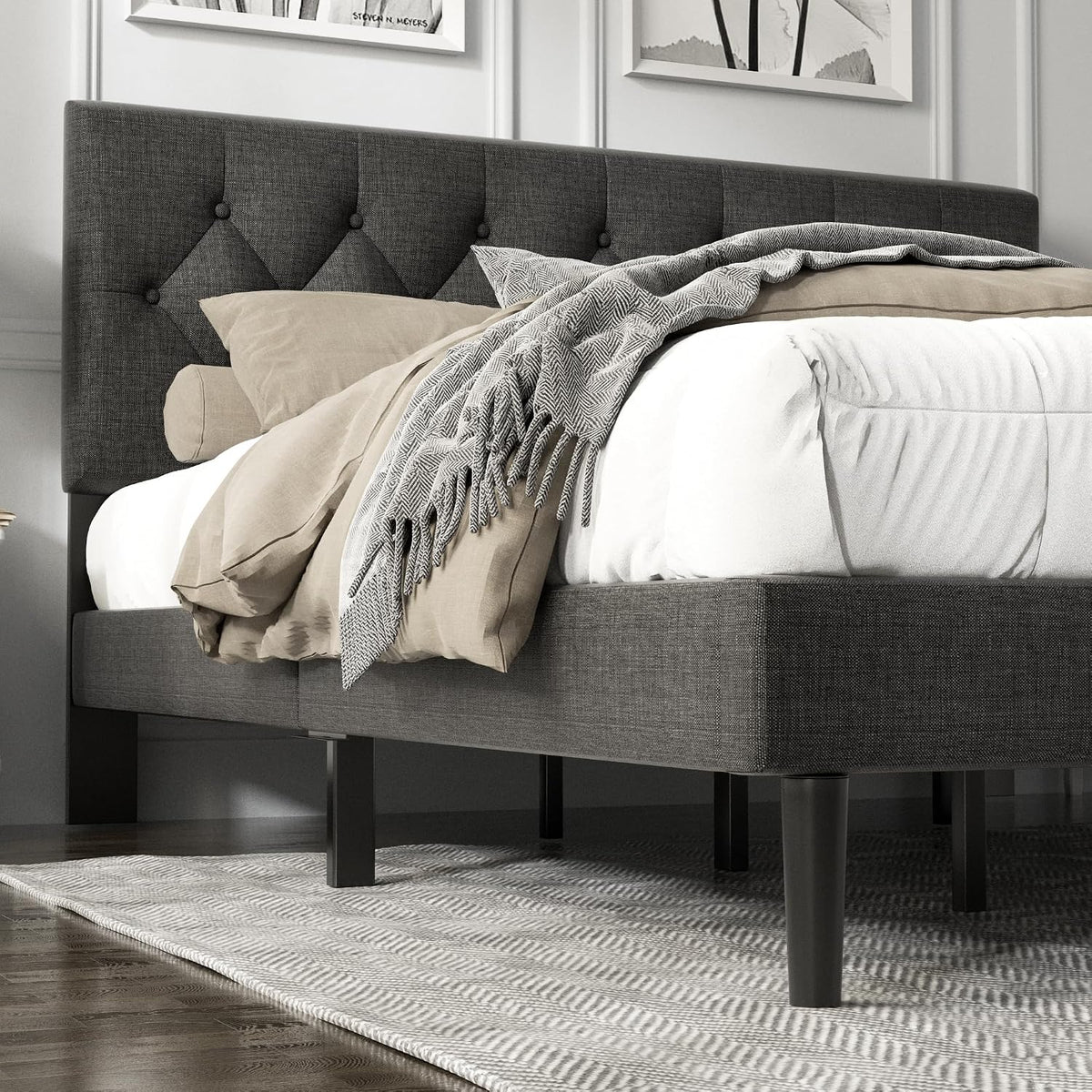 HAOARA King Size Platform Bed Frame with Upholstered Button Tufted Headboard, Mattress Foundation with Wooden Slat Support, Noise Free, No Box Spring Needed, Easy Assembly, Dark Grey