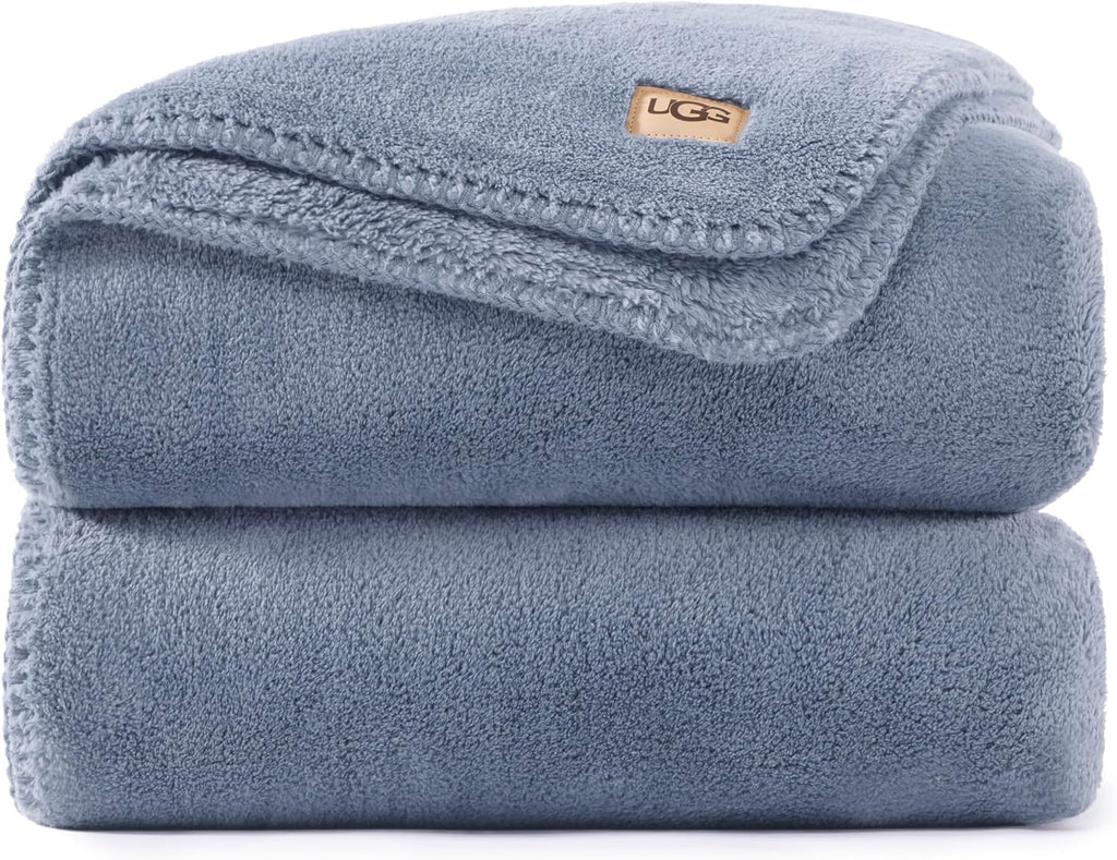UGG Whitecap Full/Queen Blanket, Fleece Fluffy Blanket for Bed, Luxury Cozy Oversized Throw for Couch, Washable Hypoallergenic Queen Bedding, Bedroom Decor, 90' x 90', Denim Blue