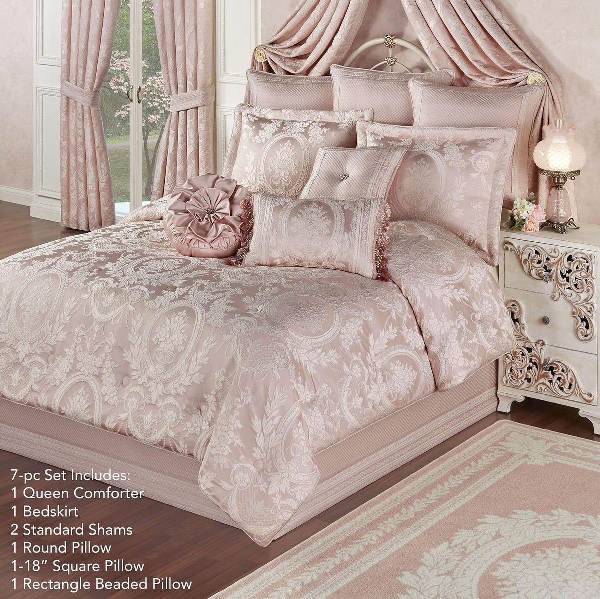 Marquessa Luxury Bedding | Soft Pearl and Pastel Blush Pink Hues | Puff Jacquard-Woven Traditional Floral Bouquets | 7 Pc Bed Set: Queen Comforter, Bedskirt, 2 Standard Shams, and 3 Decorative Pillows