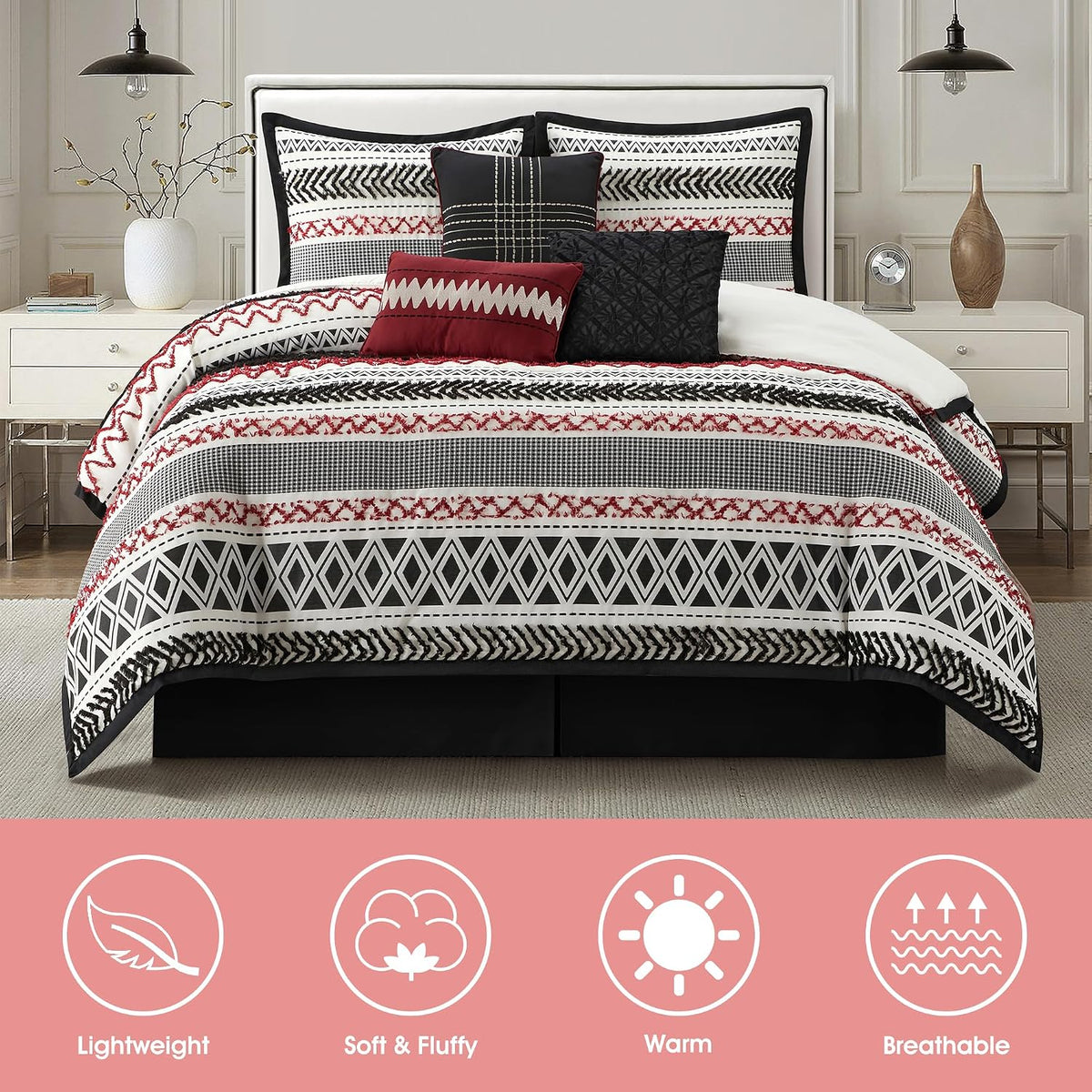 LANCO MODERN LIFESTYLE Queen Comforter Set 7 Piece, Black Red, Waffle Clipping and Sateen Jacquard Weave, Soft and Lightweight Bedding Set for All Seasons, Bedskirt, Shams and Decor Pillows