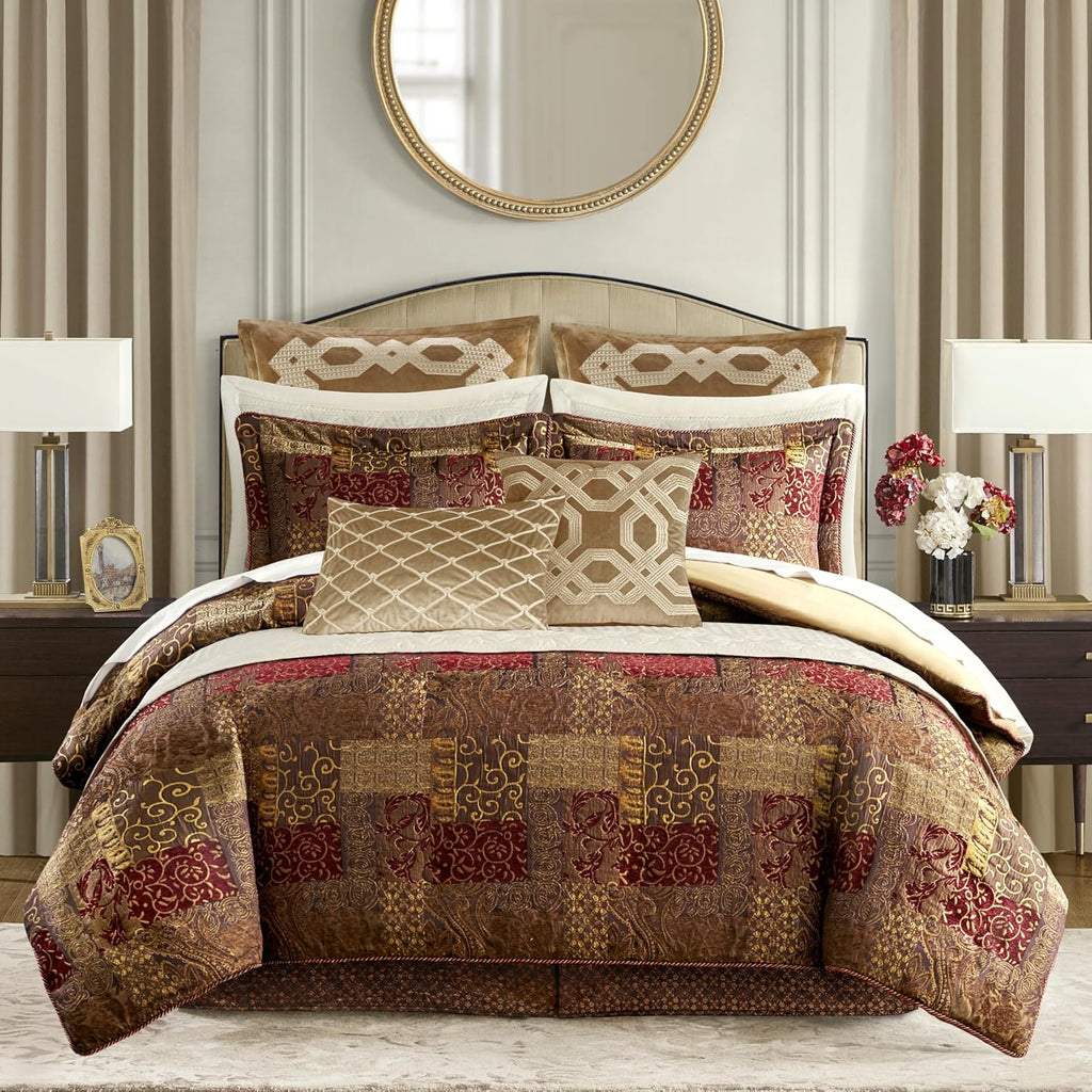 Croscill Classics King Comforter Set, Luxe Chenille Jacquard Patchwork, Microfiber Twill Comforter for a King-Size Bed, Oversized Comforter King Bedding, 2 Shams & Bedskirt, Galleria, King, Red