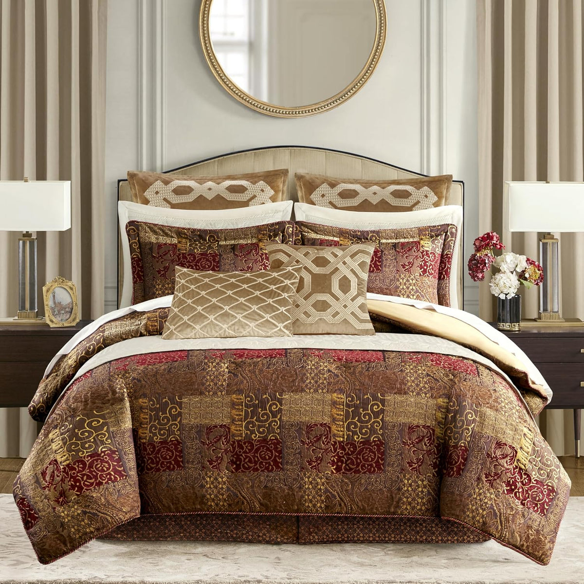 Croscill Classics King Comforter Set, Luxe Chenille Jacquard Patchwork, Microfiber Twill Comforter for a King-Size Bed, Oversized Comforter King Bedding, 2 Shams & Bedskirt, Galleria, King, Red