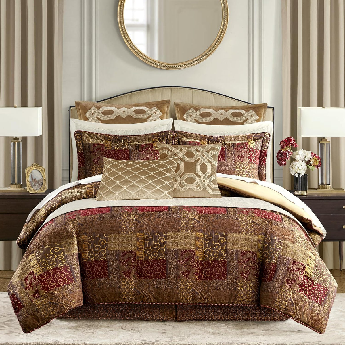 Croscill Galleria 4 Piece Jacquard Oversized Comforter Set, Luxury Traditional Patchwork Design Comforter Sets, Ultra Soft Bedding with 2 Pillow Shams, 1 Bed Skirt, Galleria, Queen, Red