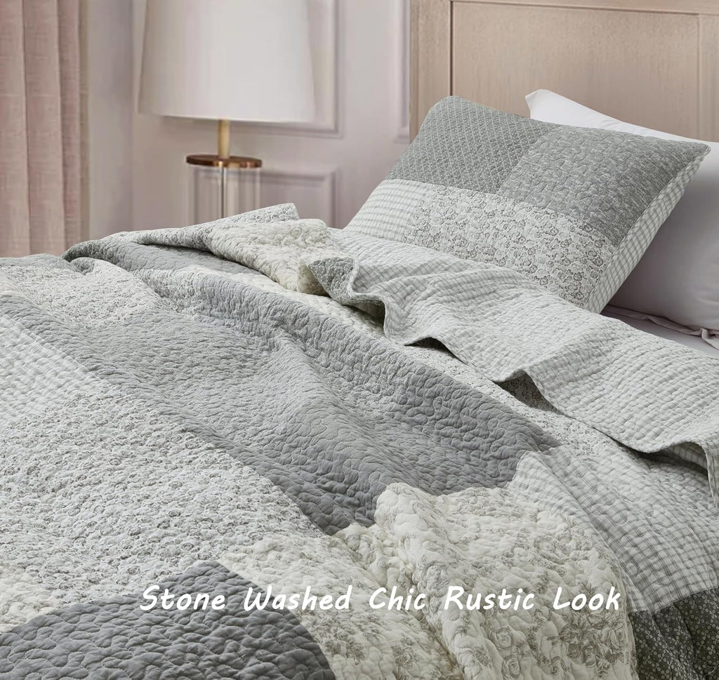 Chezmoi Collection Cooper 3-Piece Muted Gray White Ivory Floral Plaid Patchwork Quilt Set - Pre-Washed Cotton Quilted Lightweight Reversible Bedspread for All Seasons, Oversized King 120x96