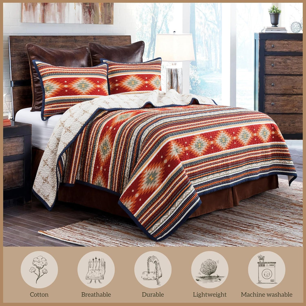 Paseo Road Del Sol Queen Quilt Set, 3 Piece Rustic Western Bedding Set with Pillow Sham, Lightweight Reversible Cotton Quilt with Southwestern Aztec Pattern, Soft Breathable Cozy Boho Bedding