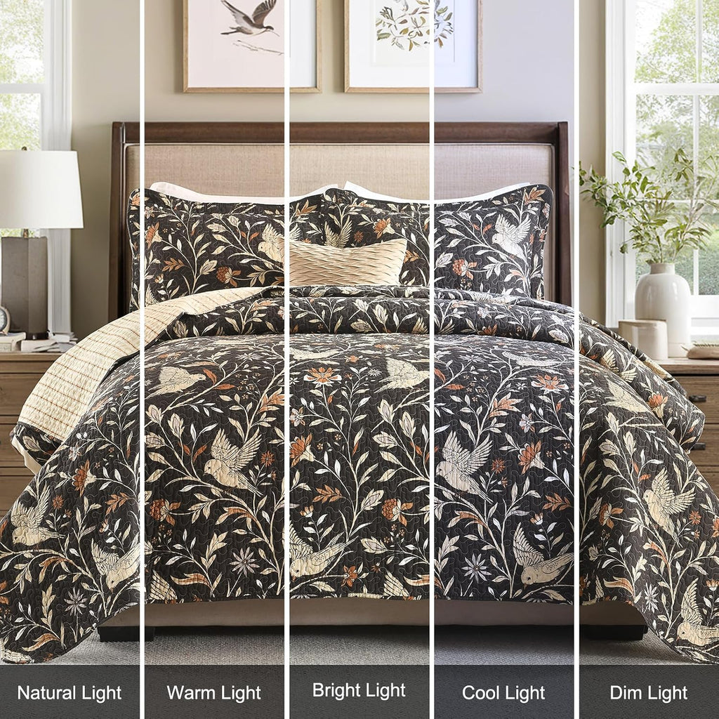 Uniclinens Botanical Quilts Queen Size, 100% Cotton Quilt Bedding Set Vintage Bird Pattern Queen Bedspread, Chic Lightweight Quilted Comforter Coverlet Set, 3 Pieces, All Season, Chocolate Brown/Beige
