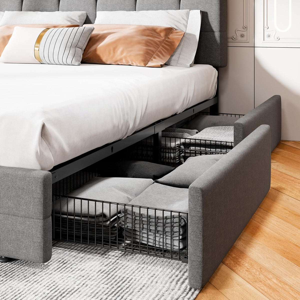 MUTICOR Queen Size Bed Frame with 4 Storage Drawers, Upholstered Platform Bed with Button Tufted Adjustable Headboard, No Box Spring Needed, Easy Assembly, Square Tufted, Light Grey Fabric