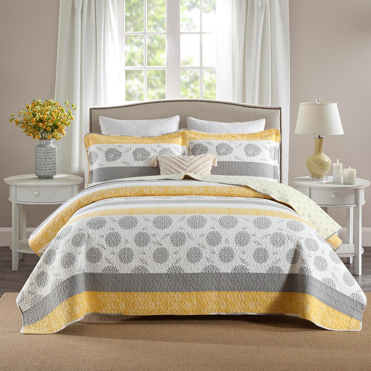 Homzard Quilt Queen Size-Comforter Queen Bedding Set,Yellow Gray White All Cotton Quilted Bedspread, Striped Floral Pattern Quilt Set,Lightweight Paisley 3 Piece,All Seasons