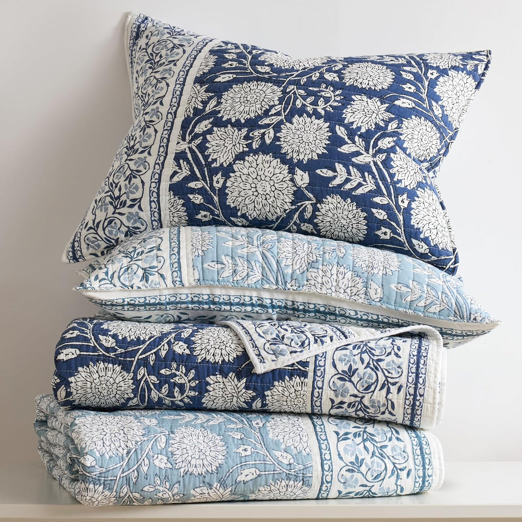 Levtex Home Adare Denim Reversible Twin/Twin XL Quilt Set (68x86in) with 1 Pillow Sham (26x20in) - Floral Bedding - Blue White - Cotton Twin Size Quilt Bedding Set - Lightweight, Soft, Pre-Washed