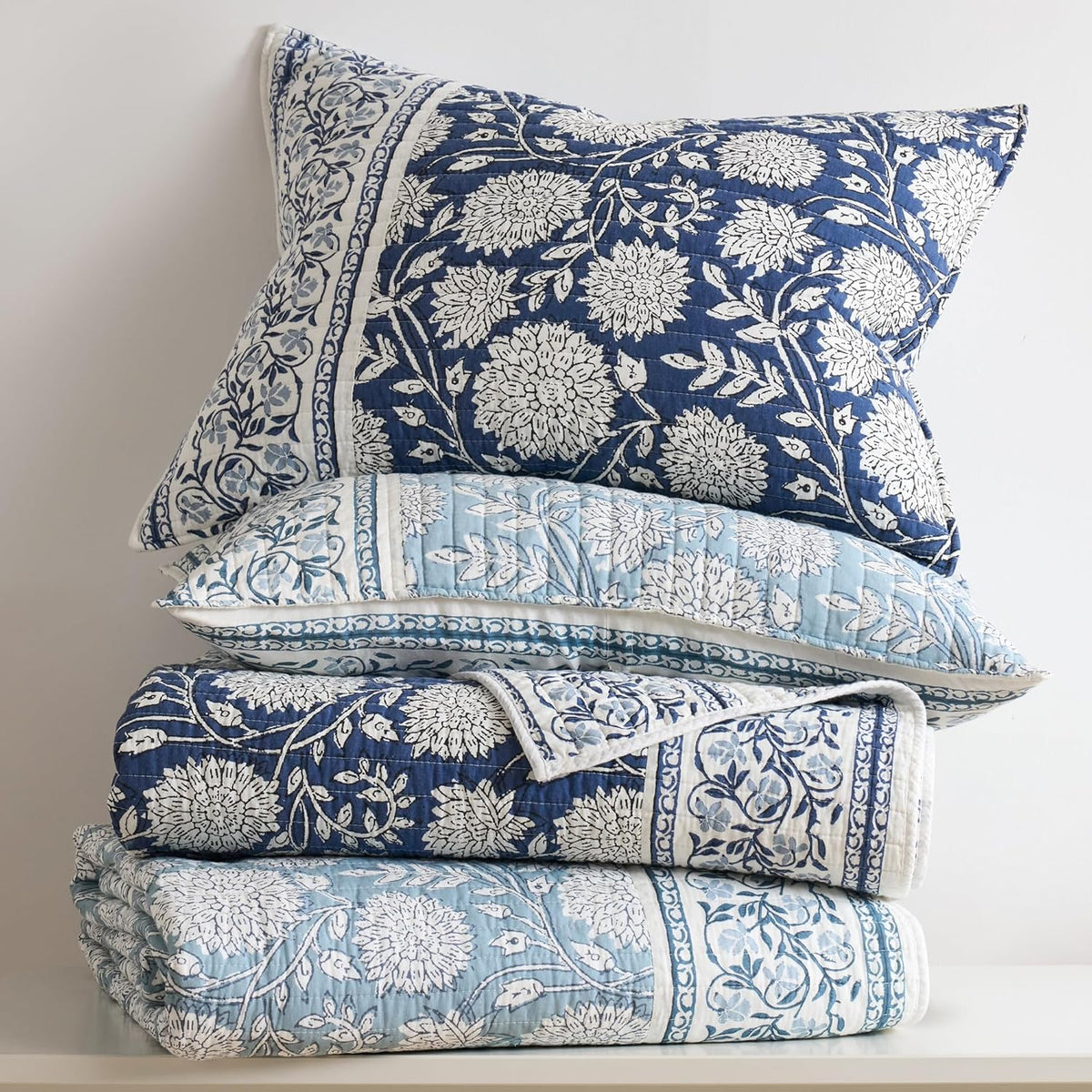 Levtex Home Adare Denim Reversible Full/Queen Quilt Set (88x92in) with 2 Pillow Shams (26x20in) - Floral Bedding - Blue White - Cotton Full/Queen Size Quilt Bedding Set - Lightweight, Soft, Pre-Washed