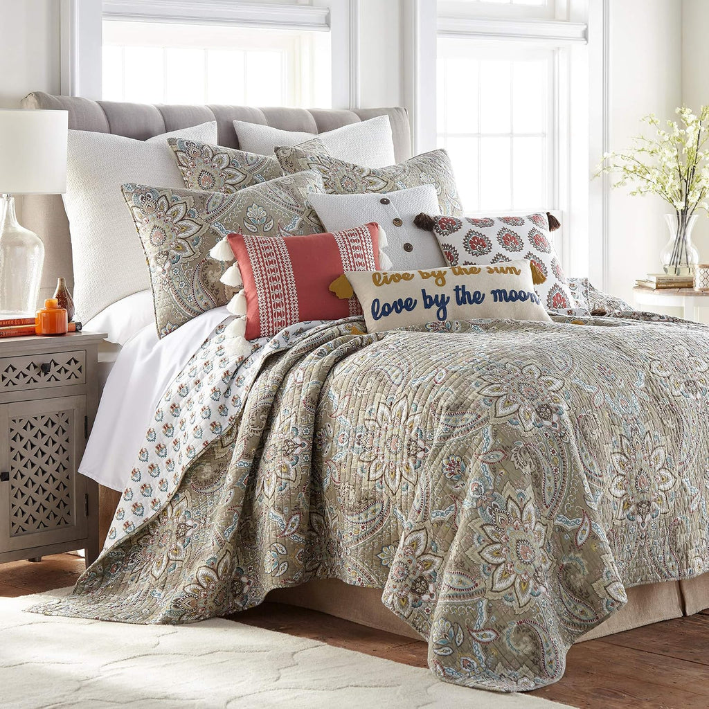 Levtex Home - Kassandra Quilt Set - Full/Queen Quilt (88x92in.) + Two Standard Pillow Shams (20x26in.) - Medallion - Taupe, Beige, Cream, Teal, Red and Green - Reversible - Cotton Fabric