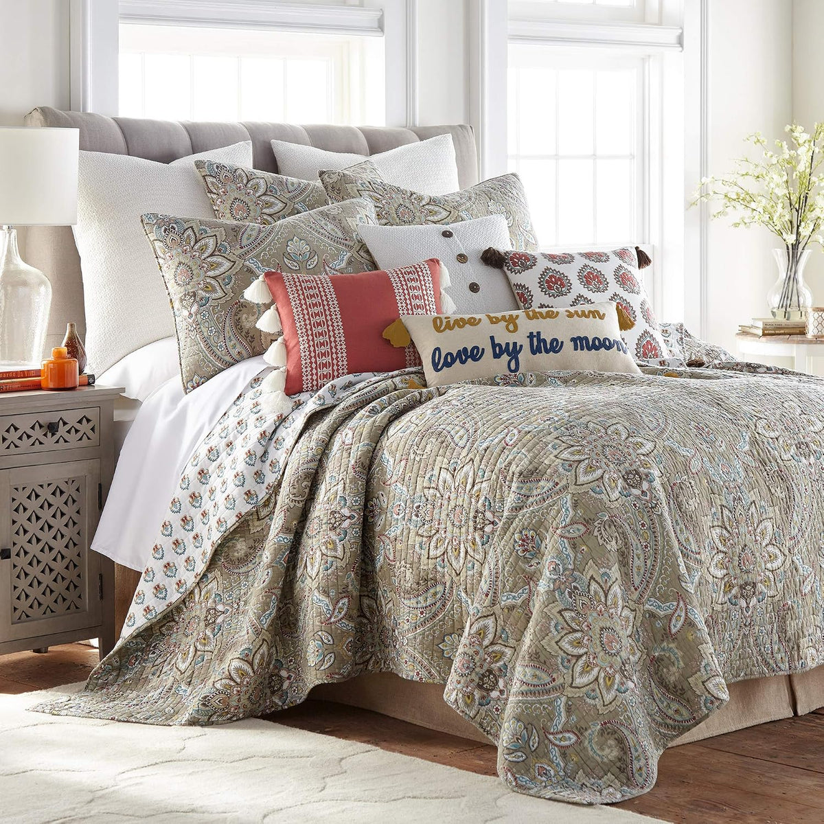 Levtex Home - Kassandra Quilt Set - Full/Queen Quilt (88x92in.) + Two Standard Pillow Shams (20x26in.) - Medallion - Taupe, Beige, Cream, Teal, Red and Green - Reversible - Cotton Fabric
