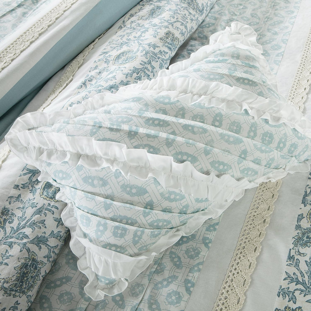 Madison Park Dawn 100% Cotton Duvet Set Floral Shabby Chic Design All Season Comforter Cover Bedding, Matching Shams, Percale Light Weight Bed Comforter Covers, Queen(90'x90'), Blue 9 Piece , Aqua