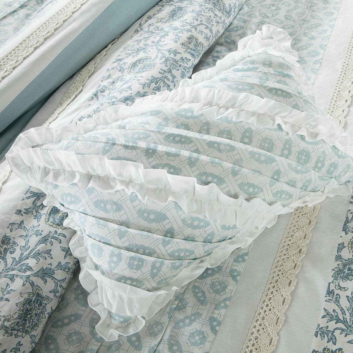 Madison Park Dawn 100% Cotton Duvet Set Floral Shabby Chic Design All Season Comforter Cover Bedding, Matching Shams, Percale Light Weight Bed Comforter Covers, Queen(90'x90'), Blue 9 Piece , Aqua