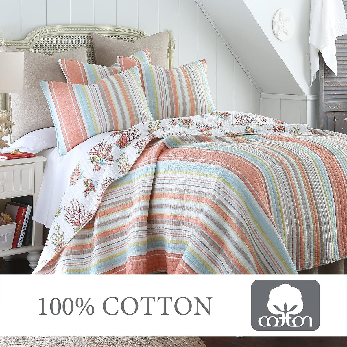 Levtex Home Brighton Coral King Cotton Quilt Set Stripe Coastal