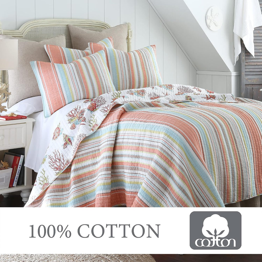 Levtex Home Brighton Coral Full/Queen Cotton Quilt Set Stripe Coastal
