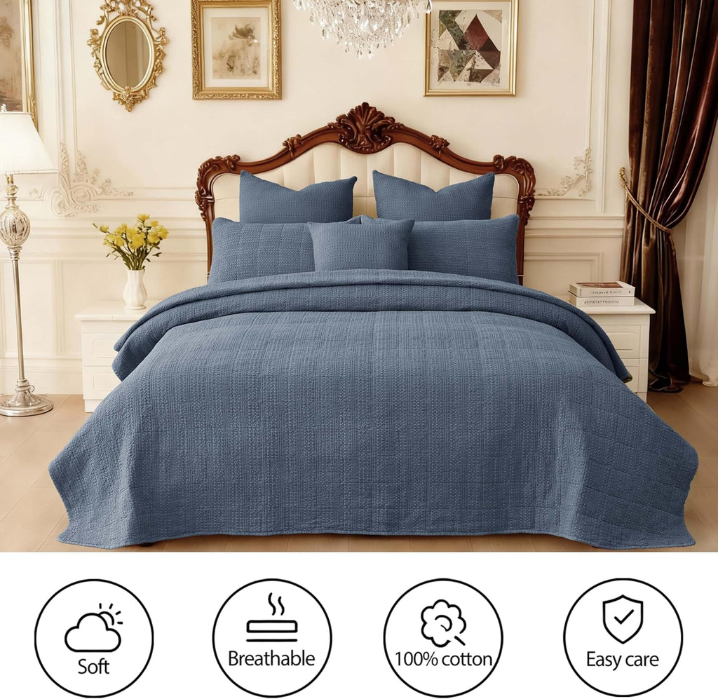 90x92 Queen Size Quilt Set with Pillow Shams Quilted Bedding Cover Ultra Soft Bedspread 3 Pieces Lightweight Soft Blanket for Home Decor,Gray Blue