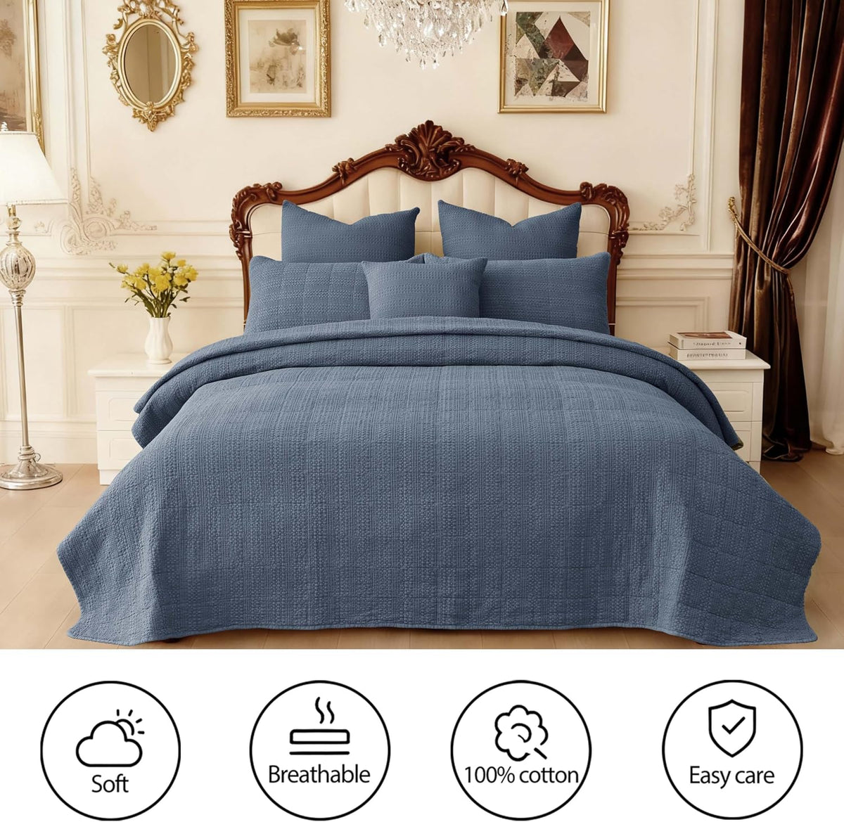 90x92 Queen Size Quilt Set with Pillow Shams Quilted Bedding Cover Ultra Soft Bedspread 3 Pieces Lightweight Soft Blanket for Home Decor,Gray Blue