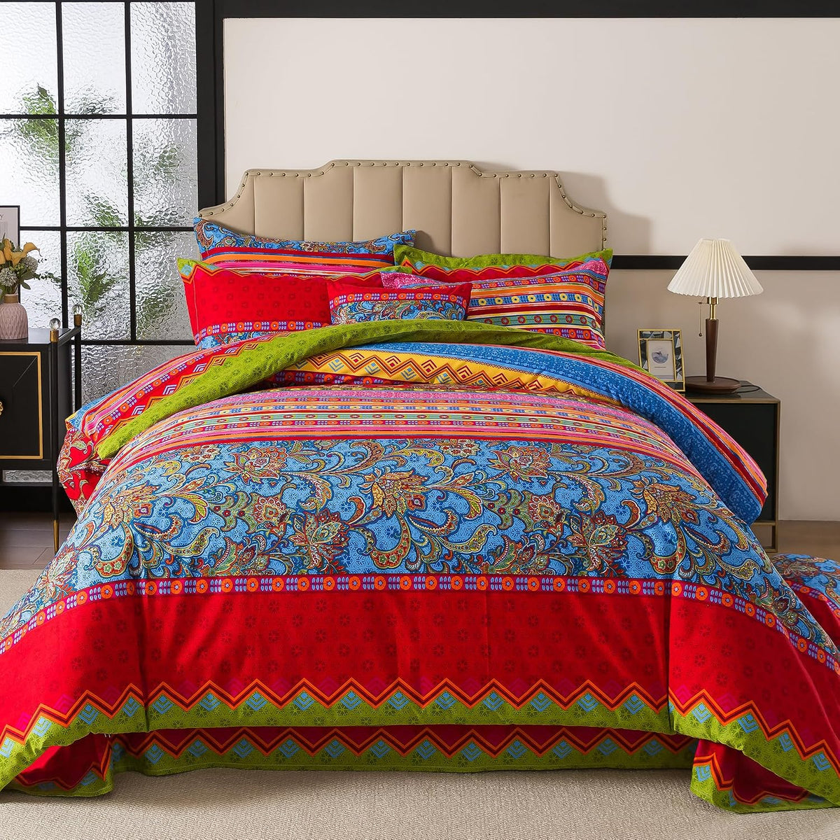 FADFAY Ethnic Boho Duvet Cover Set King/California King 100% Brushed Cotton Soft Bohemian Bedding Paisley Exotic Colorful Printed Bedding Reversible Zipper Bed Comforter Cover + 2 Pillowshams, 3Pcs