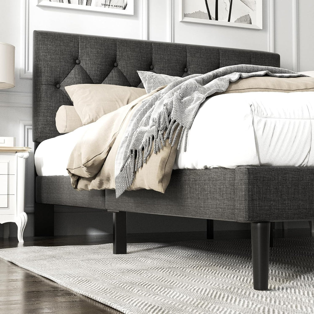 HAOARA Queen Size Platform Bed Frame with Upholstered Button Tufted Headboard, Mattress Foundation with Wooden Slat Support, Noise Free, No Box Spring Needed, Easy Assembly, Dark Grey