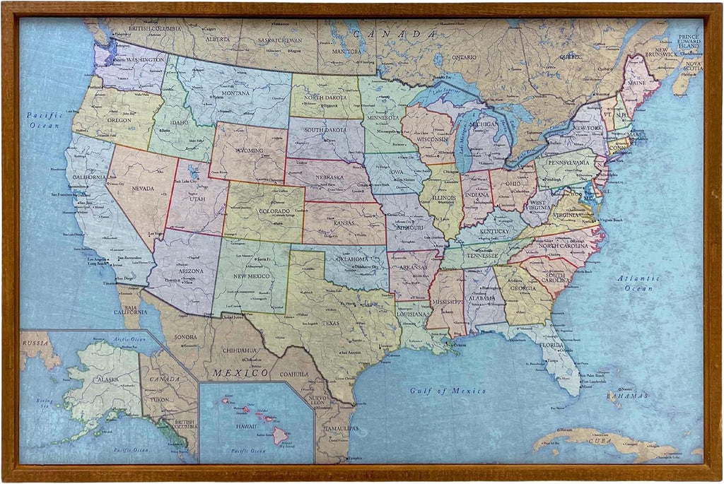 Wall Things Co. Large USA Push Pin Travel Map and Picture Frame, Mark Places Traveled, United States Magnetic Metal Poster, Political Antique Color, 24x16 Inches