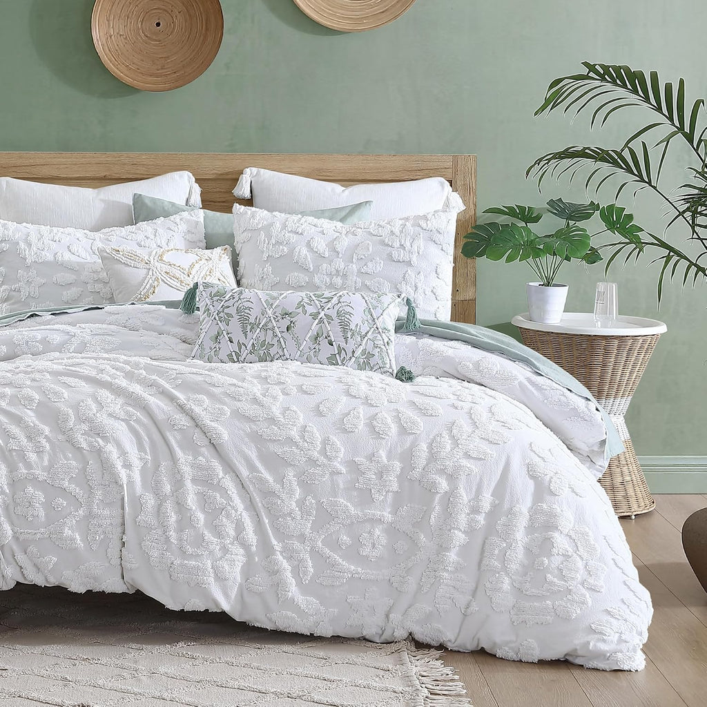 Peri Home 100% Cotton 3-Piece Duvet Cover and Sham Set, Full/Queen, White Chenille Laurel