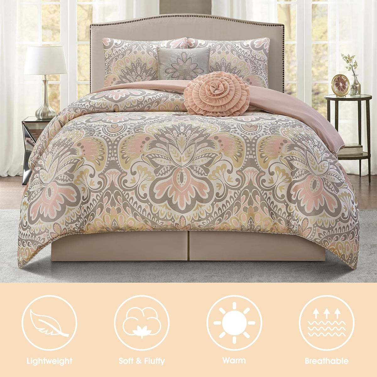 LANCO MODERN LIFESTYLE Blush 6 Piece Comforter Set, Queen, Elegant Floral Jacquard, Ultra Soft Bed Set for All Seasons, Bed in a Bag, Include Comforter, Bed Skirt, Pillow Shams & Decor Pillows