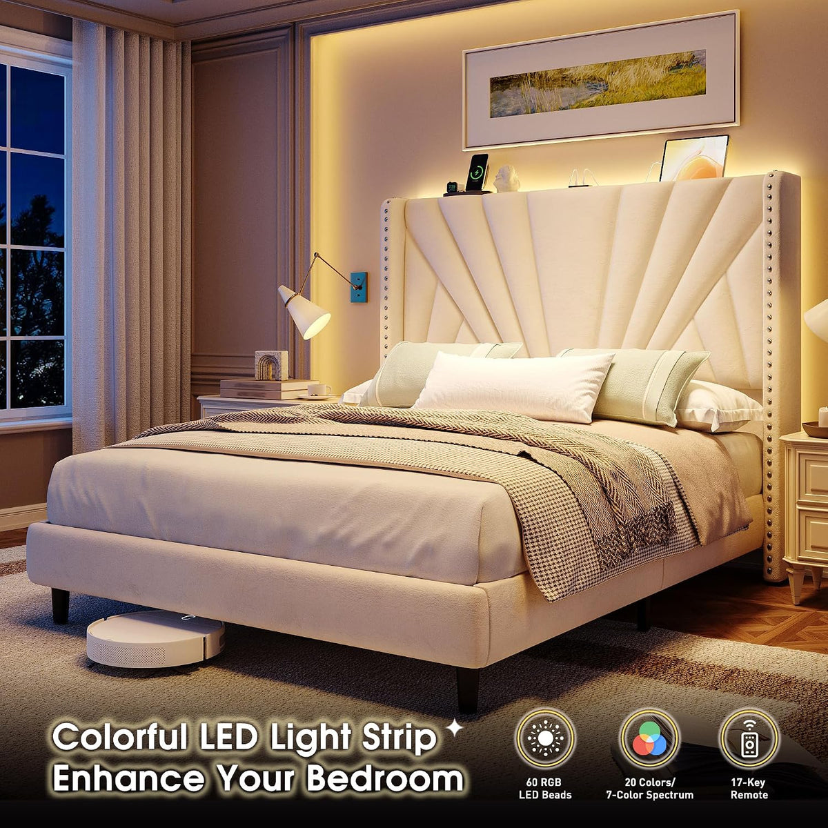 EnHomee Full Size Bed Frame with 51' Tall Velvet Wingback Headboard, LED Lights, and Charging Station, Noise-Free Platform Bed with Spacious Underbed Space, Beige