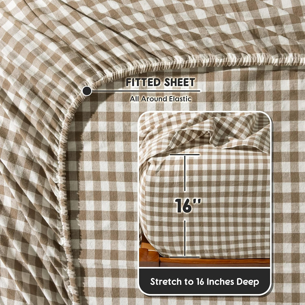SONORO KATE 100% French Pure Linen Sheets, Breathable and Durable Linen King Size Sheets, Anti-Tear Linen Bed Sheets, Machine Washable, 16 Inch Deep Pocket - 4 Piece (Brown & White Plaid)