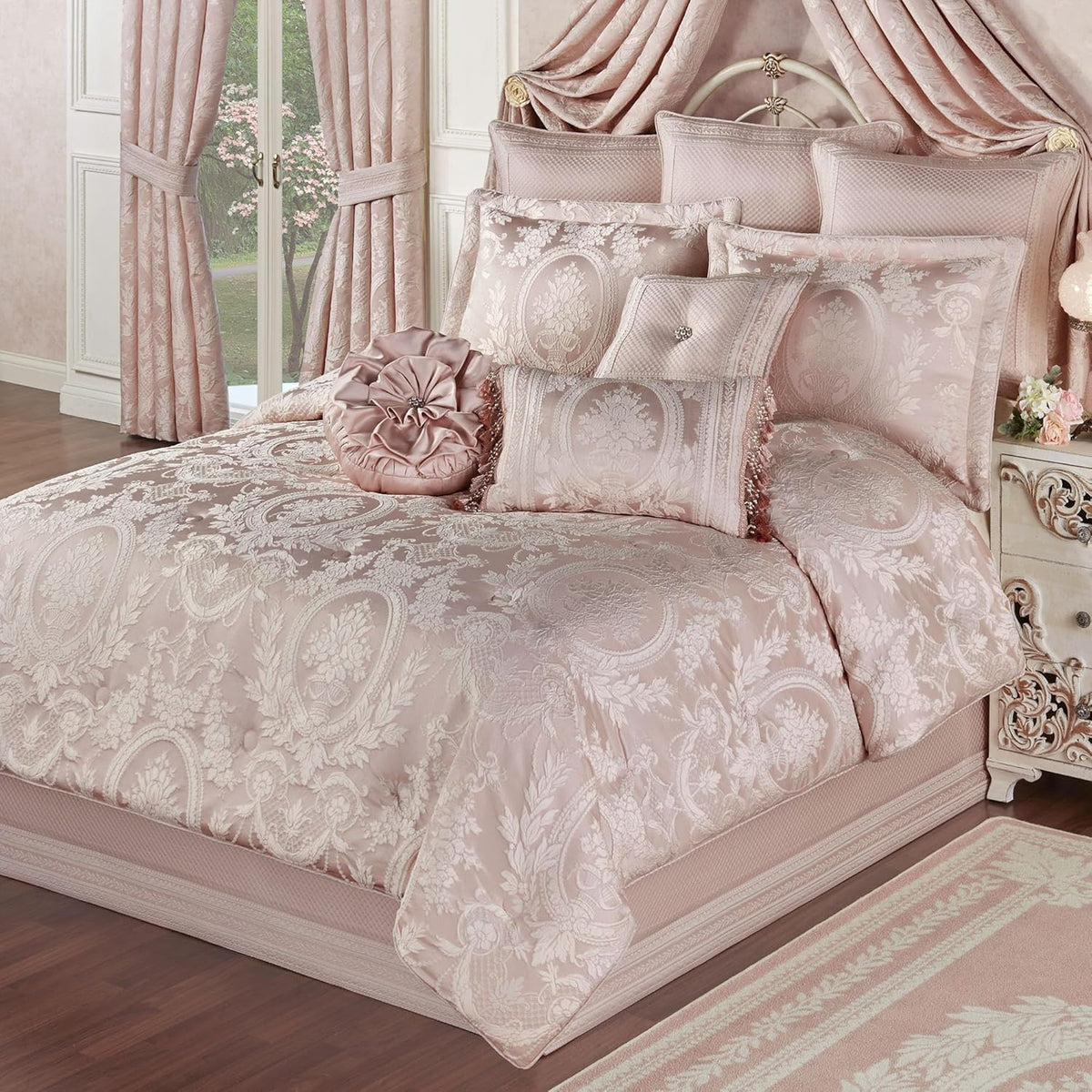 Marquessa Luxury Bedding | Soft Pearl and Pastel Blush Pink Hues | Puff Jacquard-Woven Traditional Floral Bouquets | 7 Pc Bed Set: Cal King Comforter, Bedskirt, 2 King Shams, and 3 Decorative Pillows