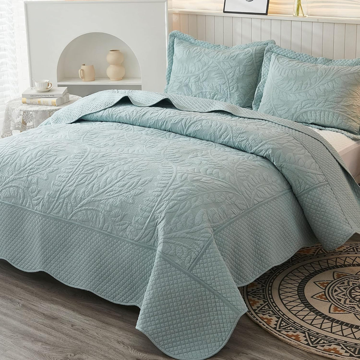 MarCielo 3-Piece 100% Cotton Oversized Bedspread Lightweight Quilt Coverlet Embroidery Farmhouse Bedding Set T0 (Aruba Blue, Oversized Queen (100'x106'))
