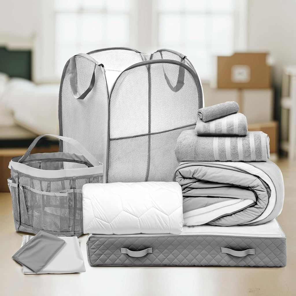 Hearth & Harbor Complete Dorm Room Set, Twin XL Comforter Set, Sheet Set, Pillows, Mattress Protector, Towels and Organizers - All Dorm Accessories Included