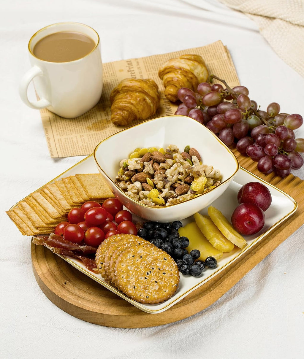 Famiware Ocean Square Plates and Bowls Sets for Kitchen, 16-Piece Dinnerware Sets for 4, Microwave and Dishwasher Safe, Vanilla White