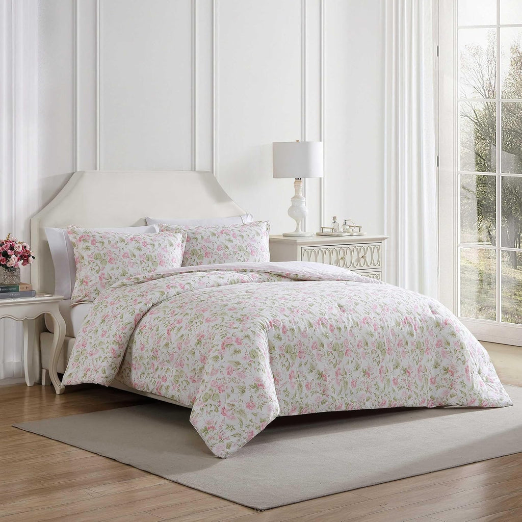 Laura Ashley – Queen Comforter Set, Soft Bedding with Matching Shams, Textured Floral Room Decor, College Dorm Room Essentials (Morning Gloria Pink)