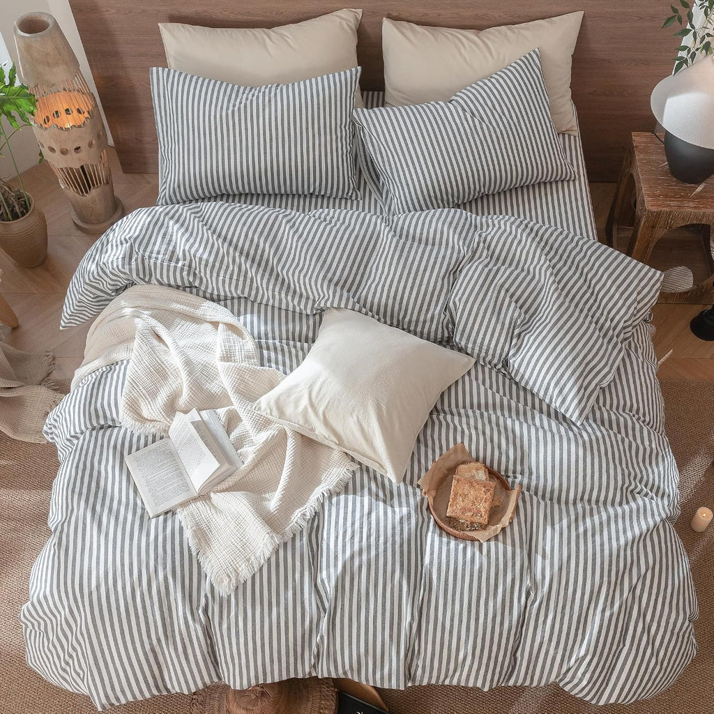 MooMee Striped Duvet Cover Set 100% Washed Cotton Linen Like Textured Breathable Durable Soft Comfy (Dark Grey White Classic Stripes, Palatial King/Oversized King 120'x98')