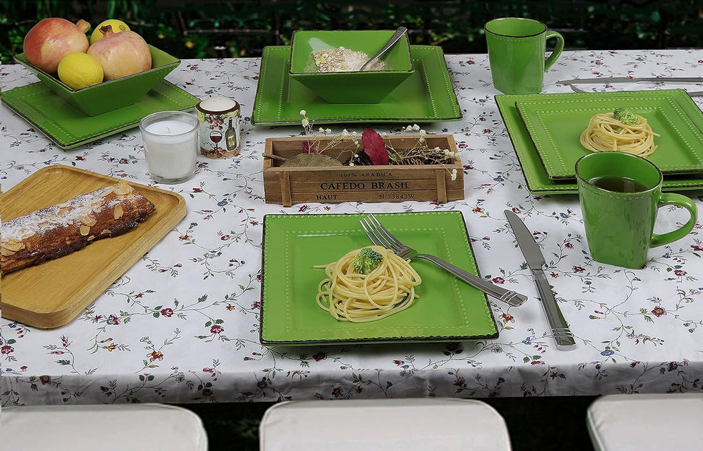 Stylish and Elegant 16 Piece Square Beaded Stoneware Dinnerware set Service for Hosting Parties and Events - Green, 16 Piece, Square Beaded