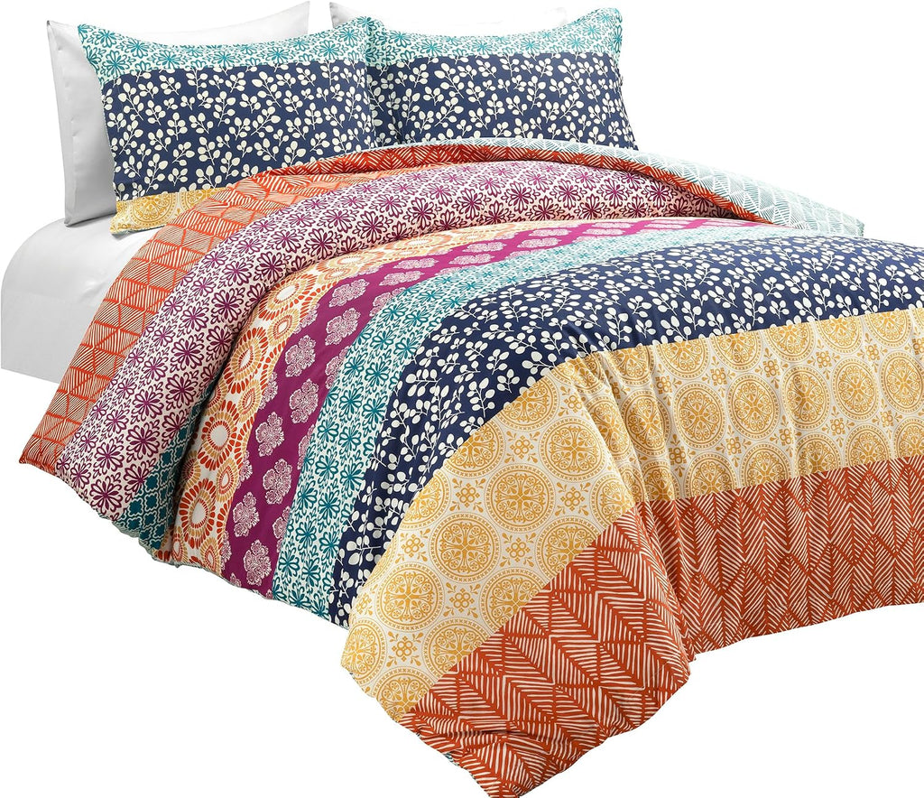 Lush Decor Bohemian Stripe Reversible Cotton Duvet Cover Set, 3 Piece Set, King, Fuchsia & Orange -Striped Bedding Set - King Duvet Set - Boho Decor