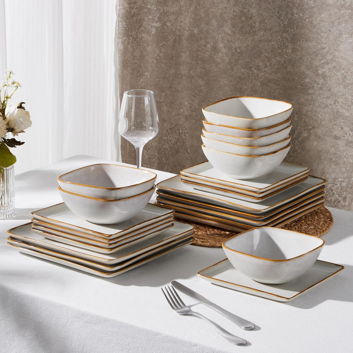 E-far Square plates and bowls Sets for 6, 18-Piece Reactive Glaze Stoneware Dinnerware Sets, Porcelain Dishware Sets for Kitchen Home, Microwave & Dishwasher Safe, Seashell White