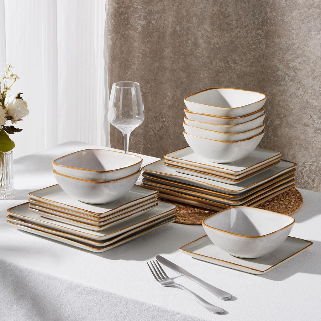 E-far Square Dinnerware Sets for 8, 24-Piece Stoneware Plates and Bowls Dishes Set, Reactive Glaze Porcelain Dishware Sets, Chip & Scratch Resistant, Microwave & Dishwasher Safe, Seashell White