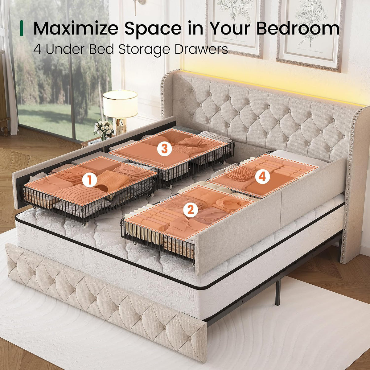 LARMACE King Size Bed Frame with LED Lights and 4 Storage Drawers Linen Upholstered Platform Bed Frame with 47.2' Tall Tufted Headboard Wingback, No Box Spring Needed, Easy to Assemble, Beige