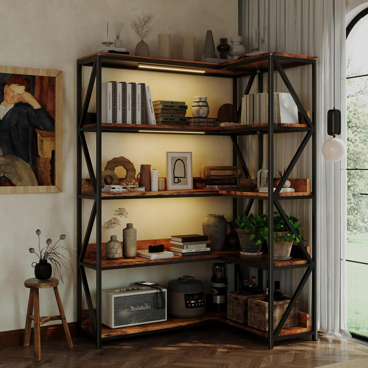 Corner Bookshelf with Light, Indoor Plant Bookcase with Grow Light L Shaped 5 Tier Tall Corner Shelf LED Display Shelves, Vintage Industrial Rotating Bookshelves Metal and Wood Book Shelf